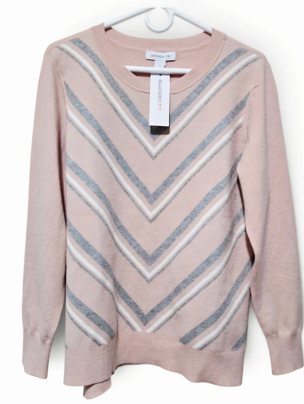 Liz Claiborne Pink Crewneck Chevron Sweater with Gray & White Stripes LG